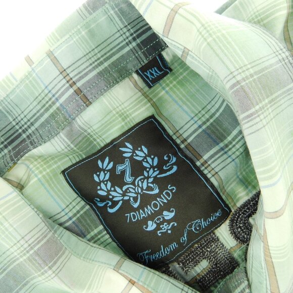 7 DIAMONDS Green Plaid Men's Button Down Short Sleeve Freedom Shirt XXL - Picture 4 of 7